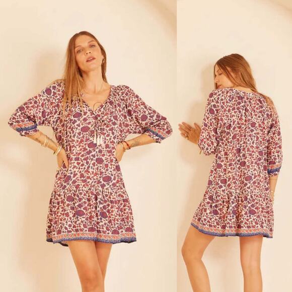 Natalie Martin Stevie Mini Dress Bloom Lapis Coral Floral Size XS NWT Bohemian - Picture 2 of 10